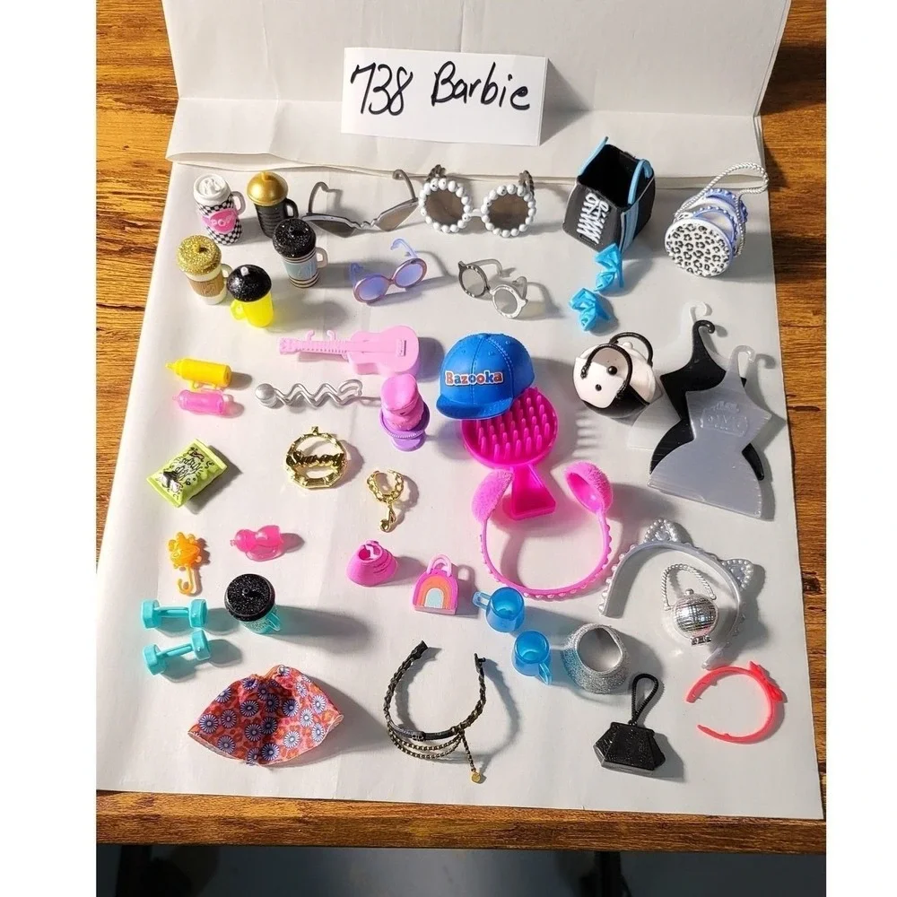 43 Barbie Accessories Lot: Purse Headband Necklace Toy Food Drink Shoes